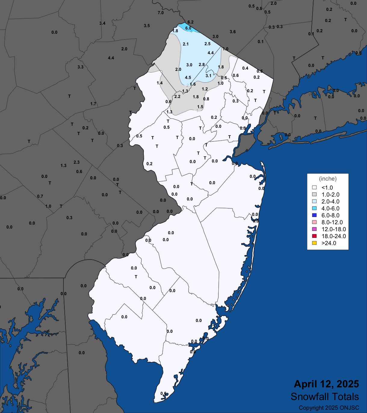 Snowfall on April 12th. Observations are from CoCoRaHS, NWS Cooperative Observer, NWS Trained Spotters, and reports from the North Jersey Weather Observers.