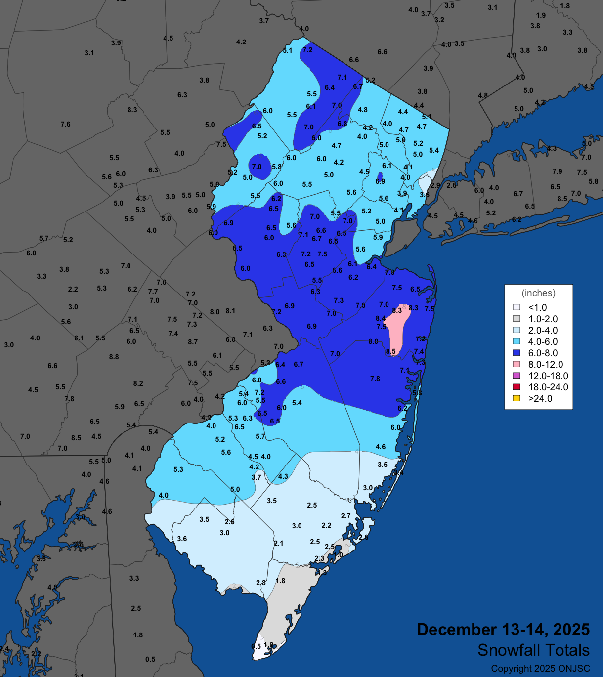 Snowfall on December 13th–14th. Observations are from CoCoRaHS, NWS Cooperative Observer Program, and NWS Spotter reports.