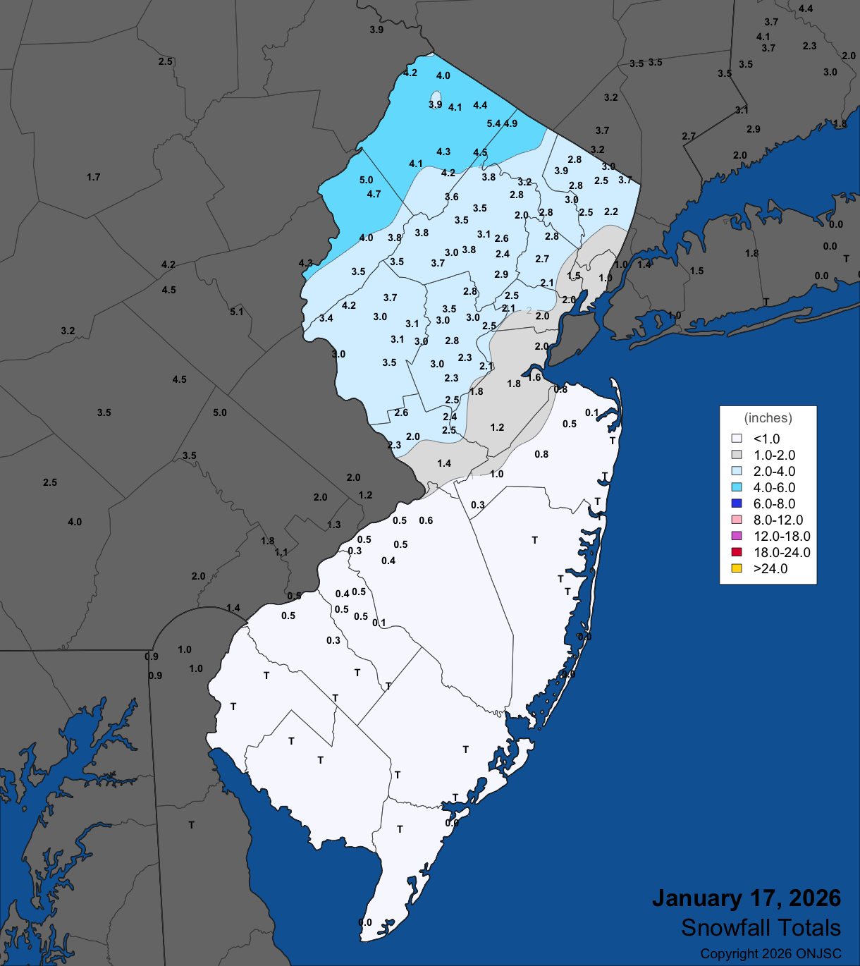Snowfall on January 17th. Observations are from CoCoRaHS, NWS Cooperative Observer, and NWS Spotter reports.