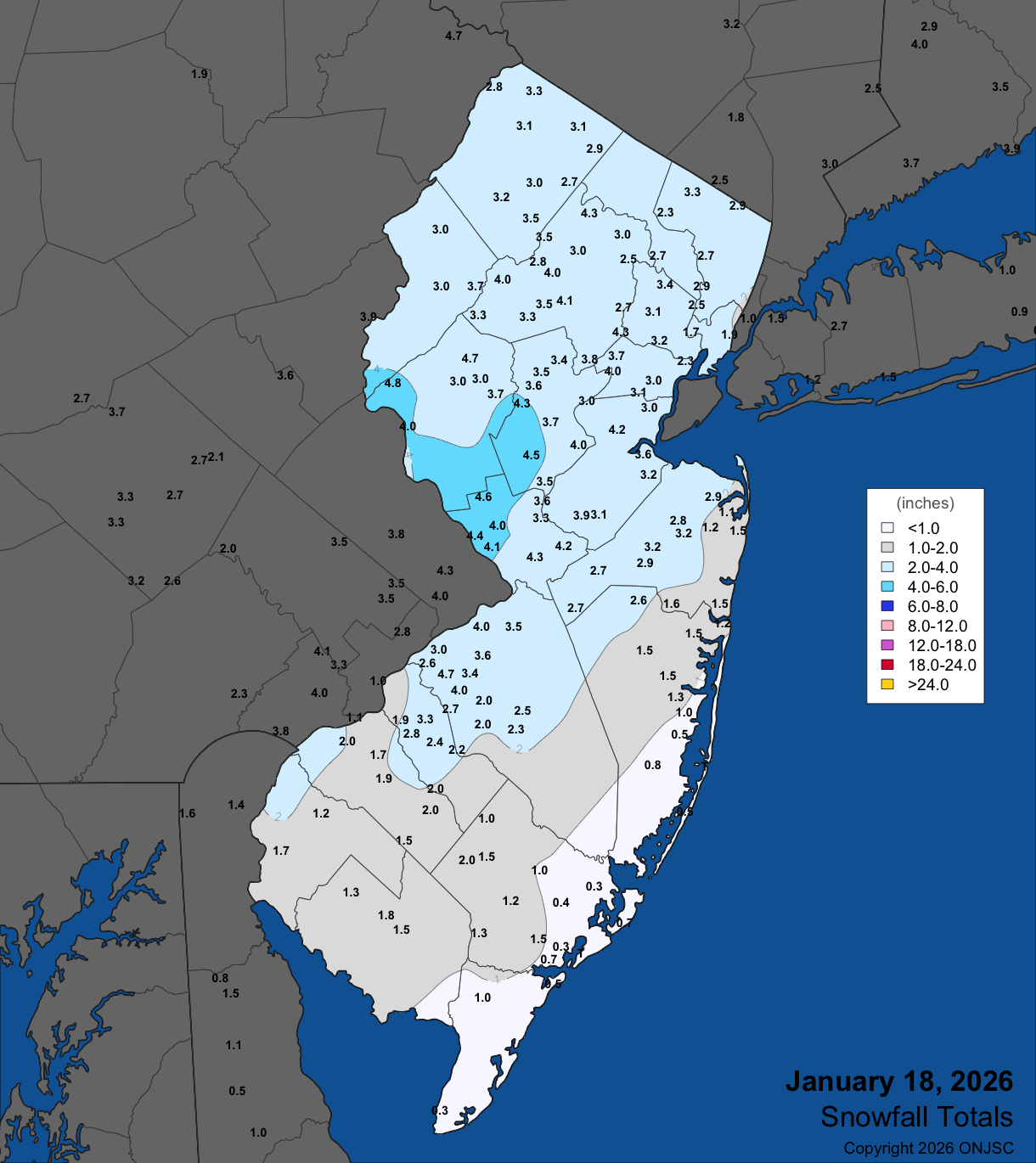 Snowfall on January 18th. Observations are from CoCoRaHS, NWS Cooperative Observer, and NWS Spotter reports.
