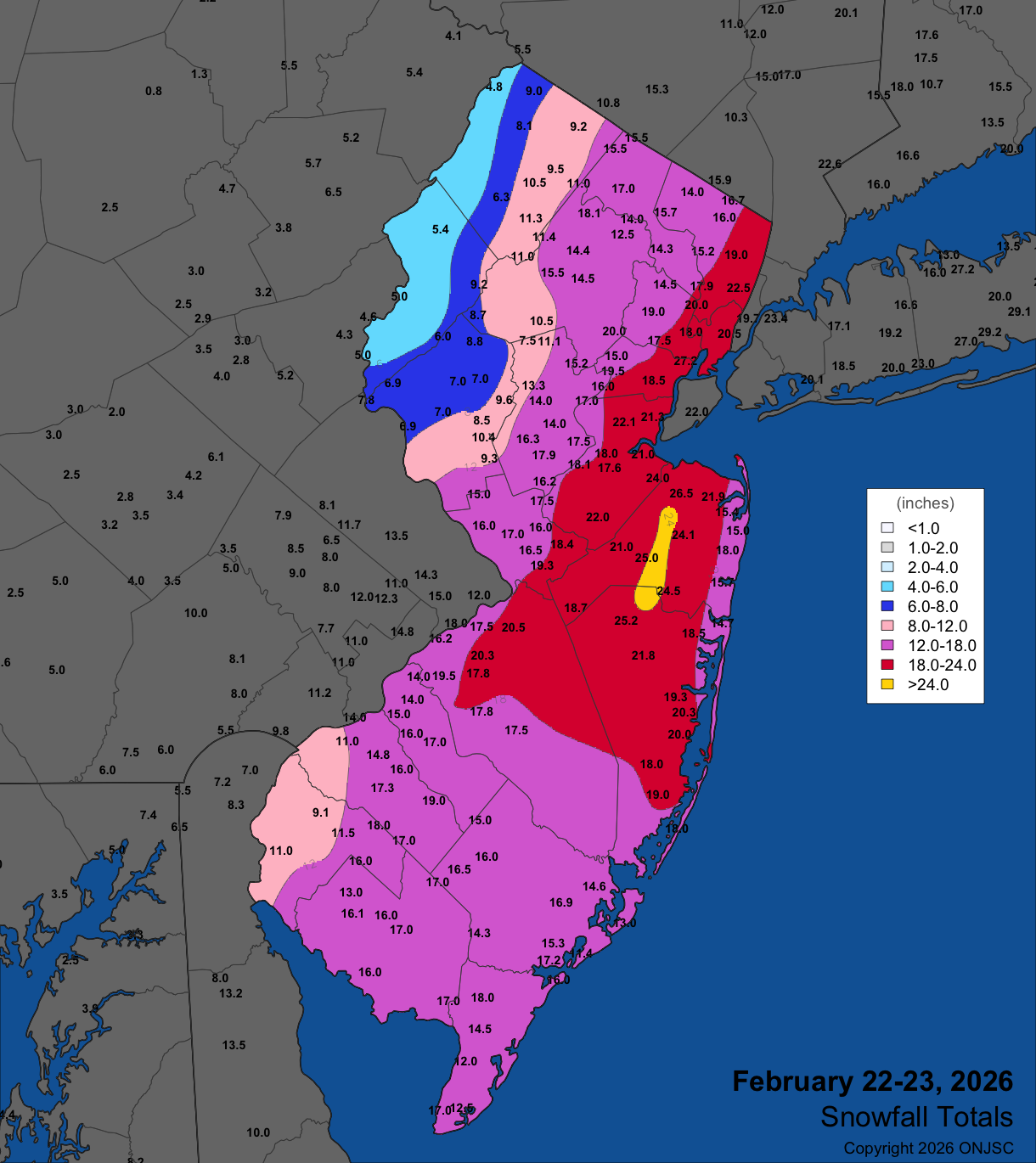 Map of snowfall on February 22nd–23rd. Observations are from CoCoRaHS, NWS Cooperative Observer, NWS Trained Spotters, and reports from the North Jersey Weather Observers.