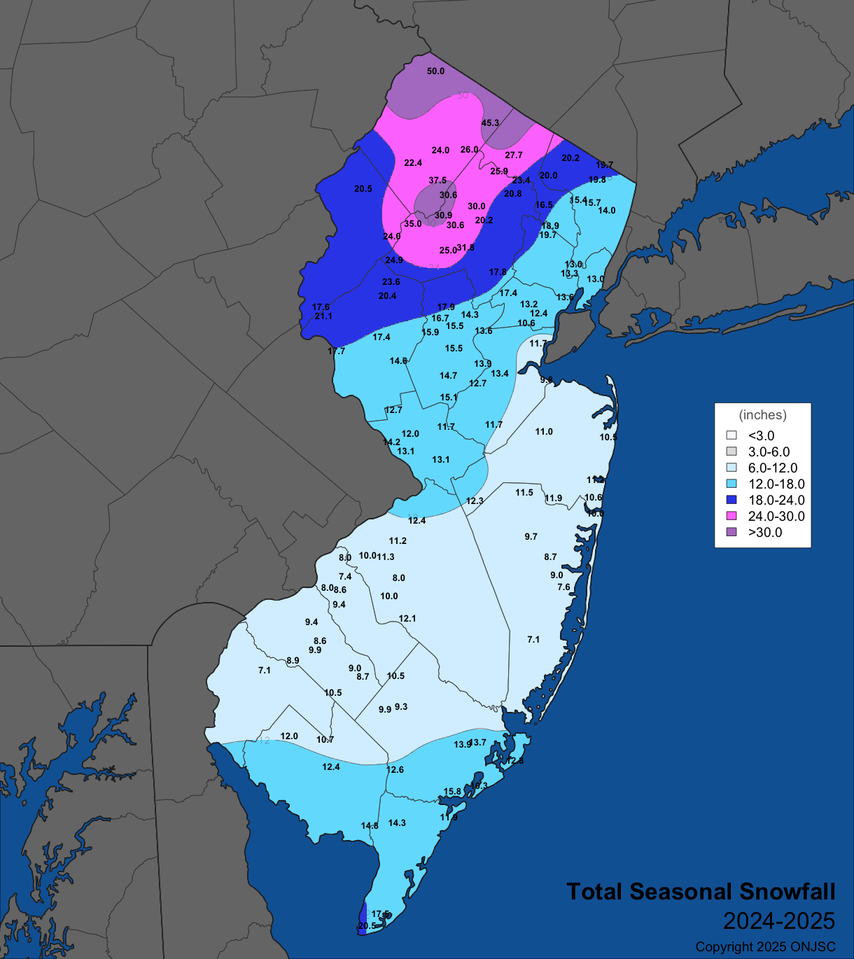 Winter 2024-2025 seasonal snowfall. Observations are from CoCoRaHS, NWS Cooperative Observer, and North Jersey Weather Observers reports.