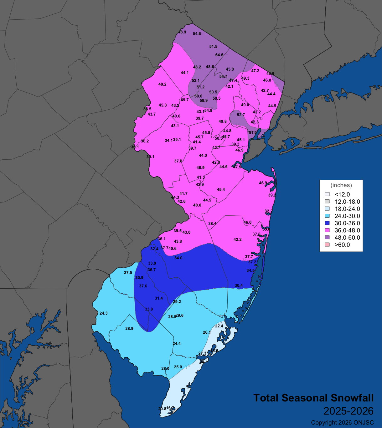 Map of seasonal snowfall (November 2025–April 2026). Observations are from CoCoRaHS, NWS Cooperative Observer, and North Jersey Weather Observers reports.