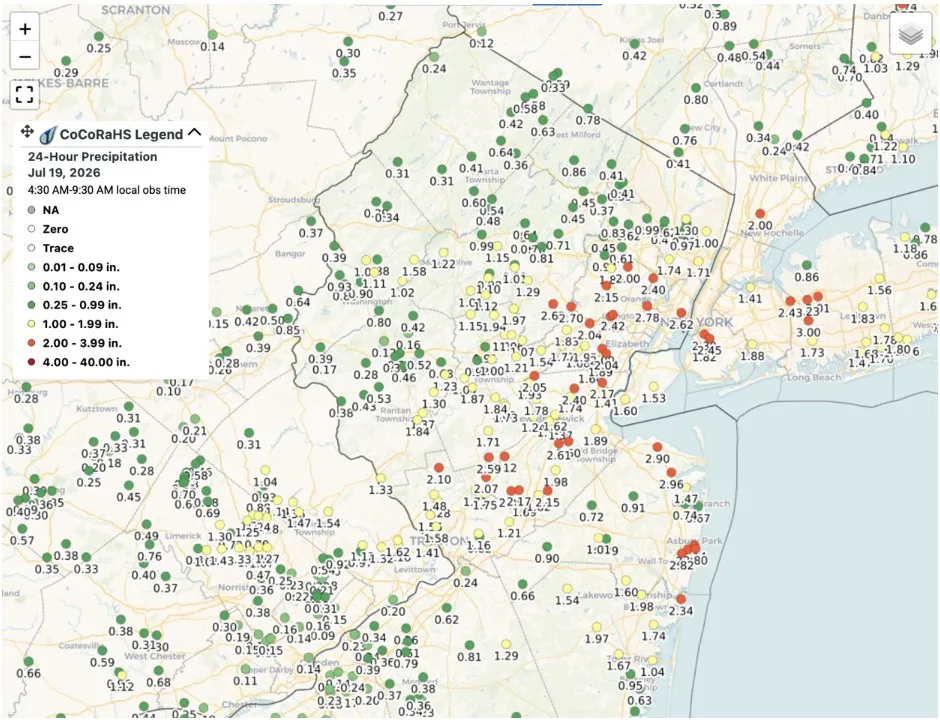 Map of CoCoRaHS observations of rainfall in northern New Jersey that fell during the July 18, 2026, event.
