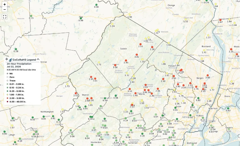 Map of CoCoRaHS observations of rainfall around and along the I-80 corridor that fell on the afternoon of July 21, 2026.
