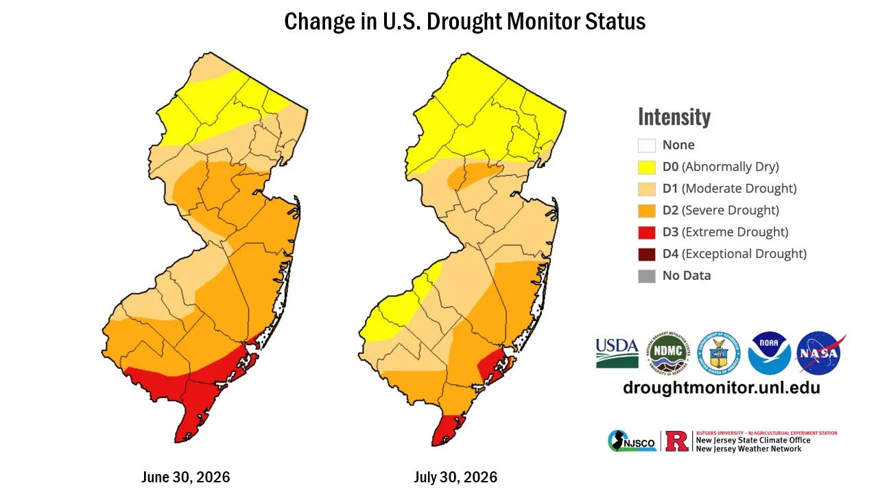 Map showing change in U.S. Drought Monitor Status from June 30, 2026, to July 30, 2026.
