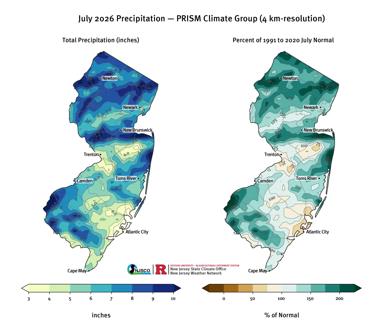 Maps showing July 2026 total precipitation and departure from 30-year monthly climatology from PRISM (Oregon State, https://prism.oregonstate.edu).