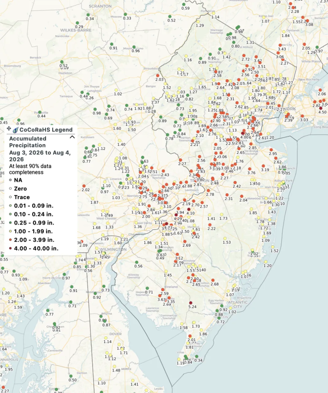 Two-day rainfall amounts from CoCoRaHS reflecting precipitation that fell on August 2 and August 3. 