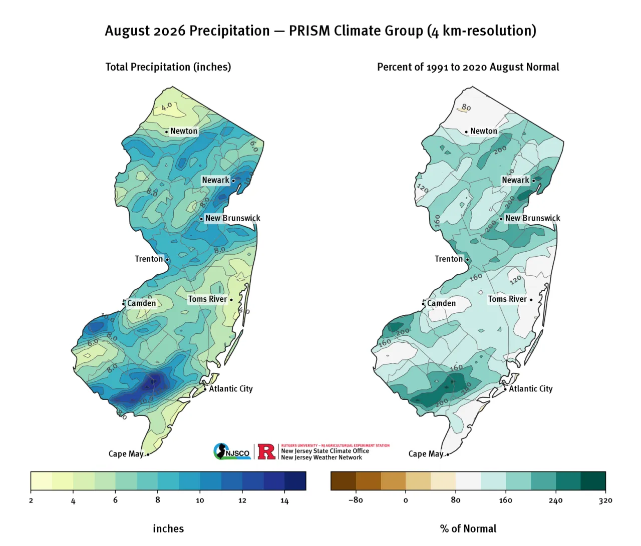 August 2026 total precipitation (left) and percentage of seasonal normal based on the 30-year monthly climatology (right) from PRISM (Oregon Stat. 
