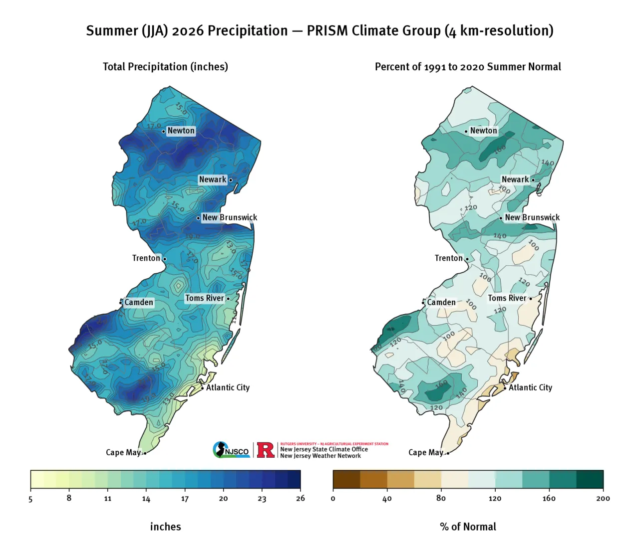 Summer 2026 average precipitation and percentage of seasonal normal based on the 30-year monthly climatology from PRISM