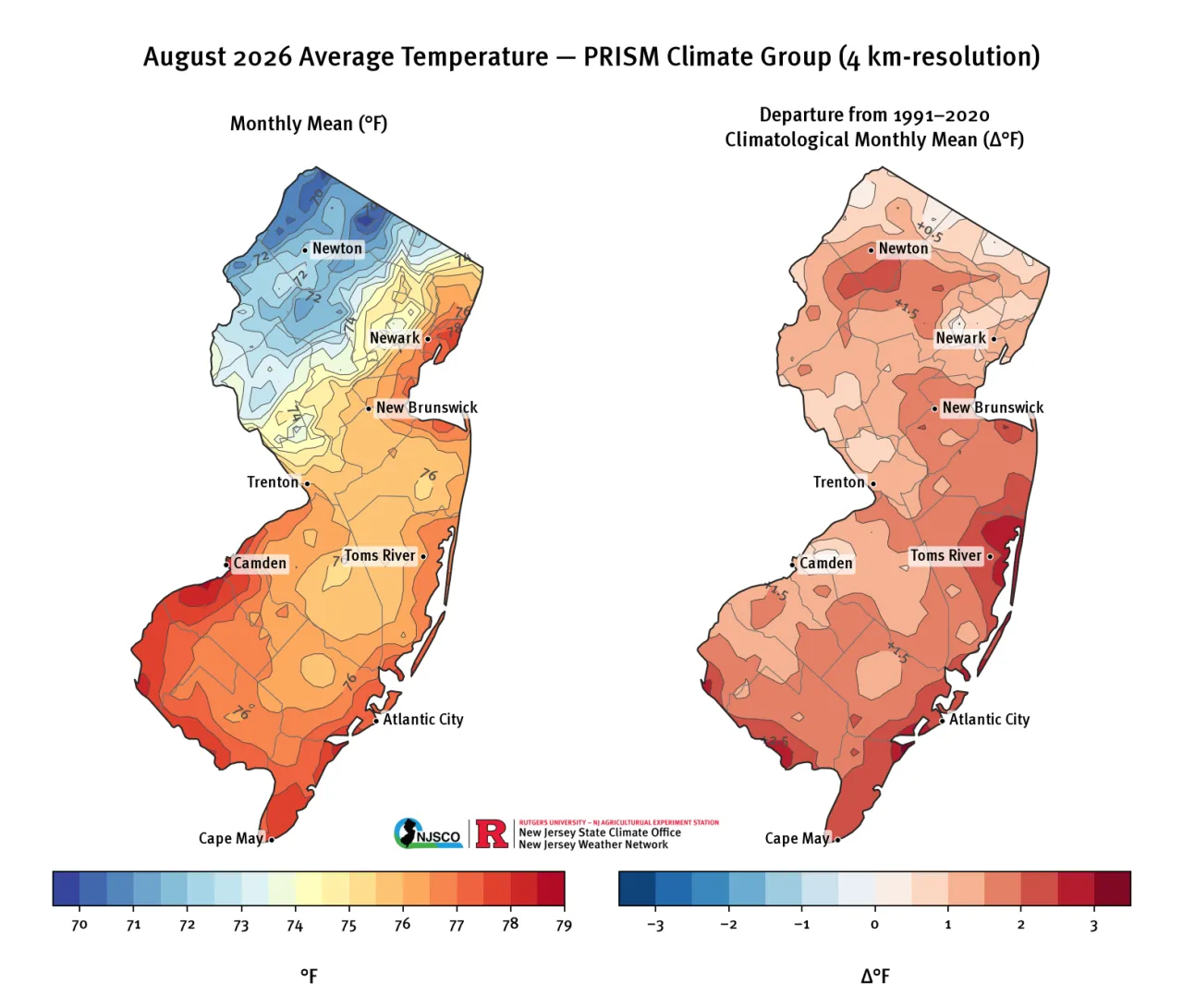 August 2026 average temperature and departure from 30-year monthly climatology from PRISM 
