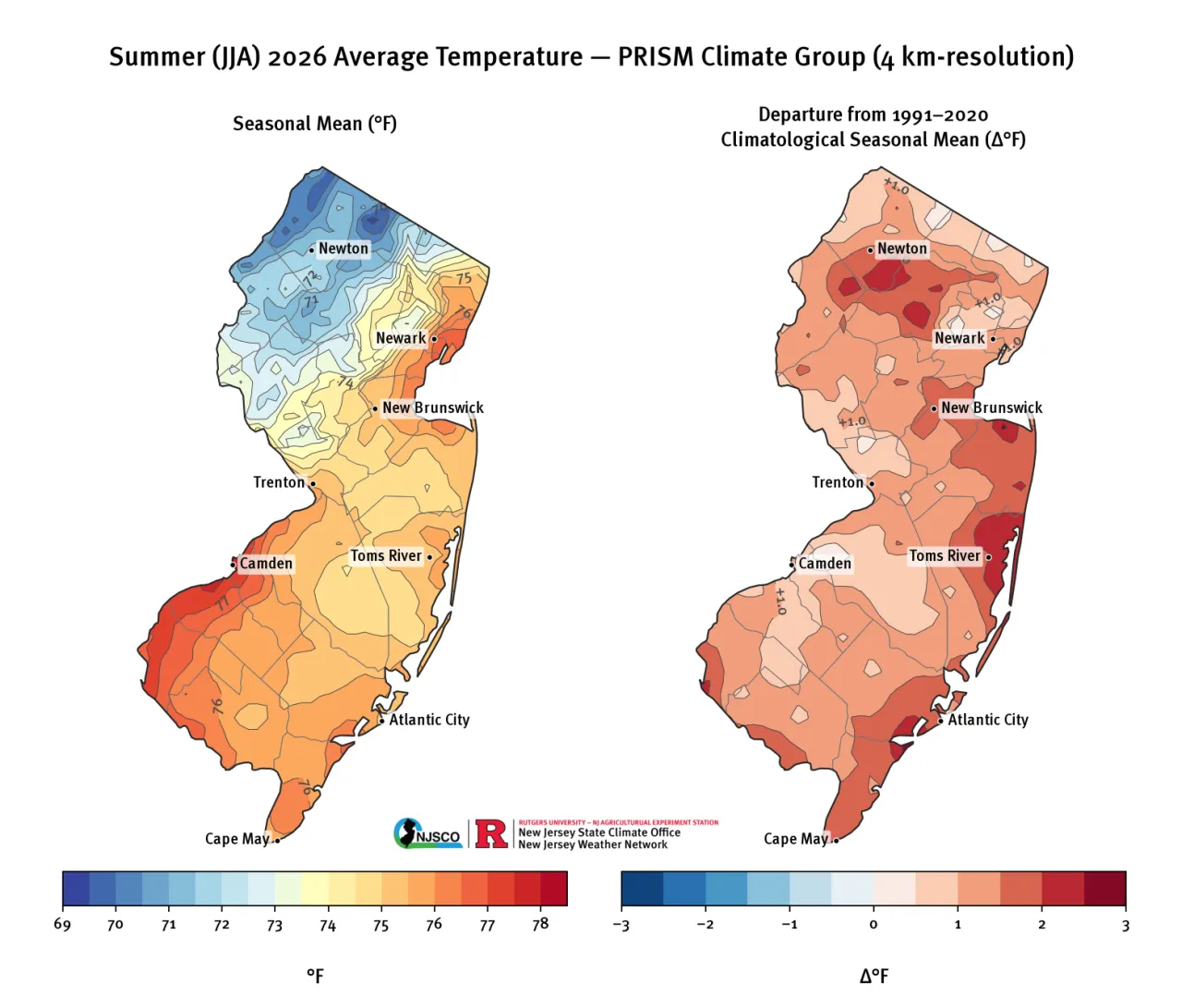  Summer (JJA) 2026 average temperature and departure from 30-year monthly climatology from PRISM