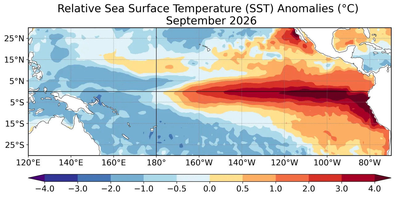 Map of average relative SST anomalies in the Tropical Pacific during September 2026.