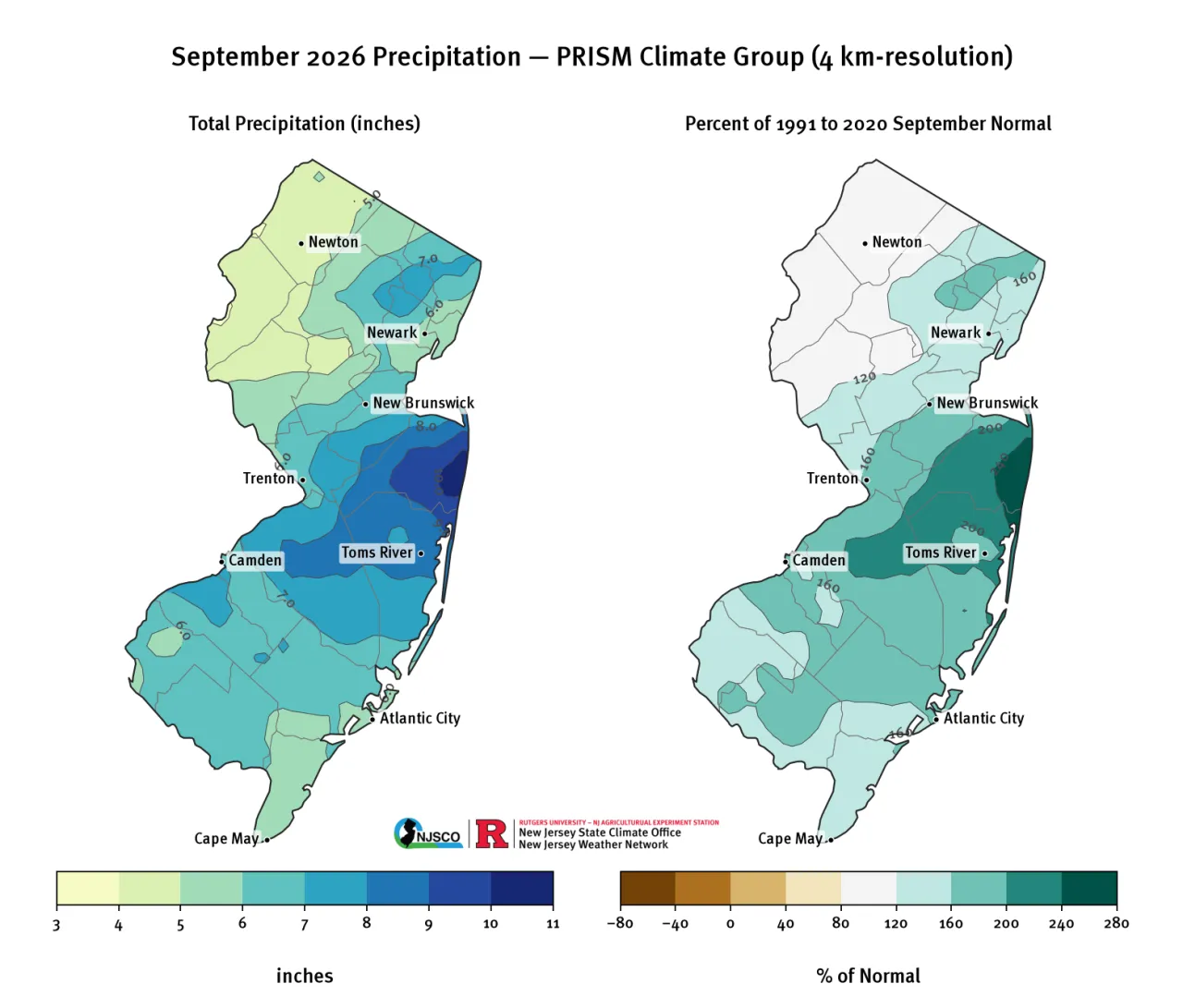 Map of September 2026 total precipitation and percentage of seasonal normal based on the 30-year monthly climatology from PRISM.