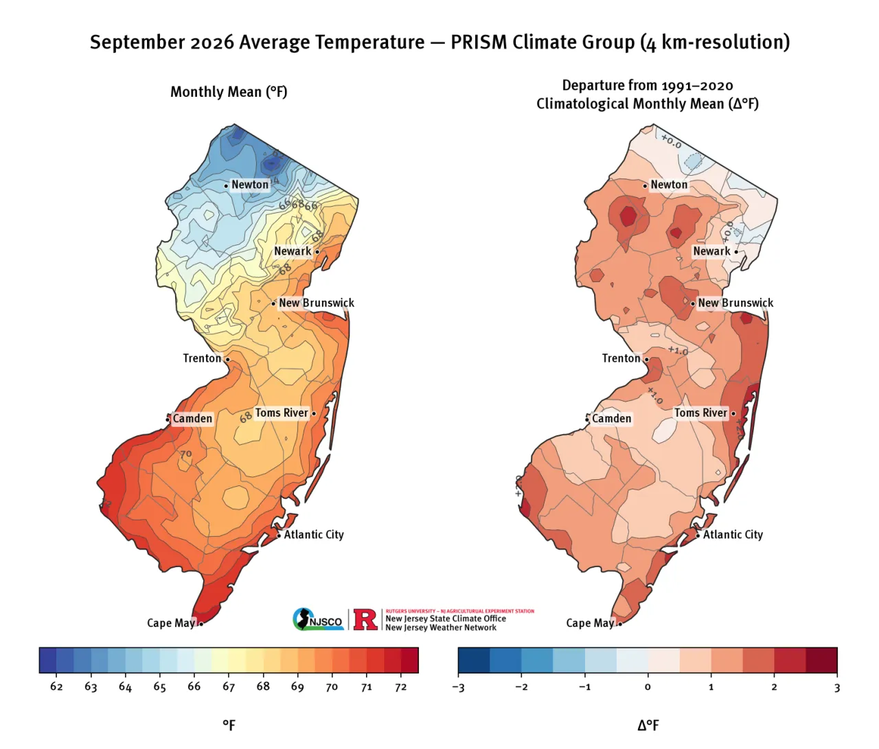 Maps of September 2026 average temperature and departure from 30-year monthly climatology from PRISM (Oregon State)