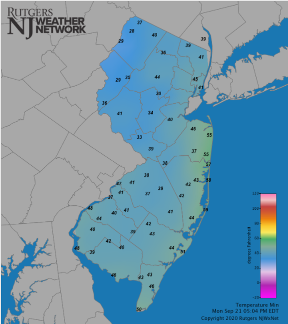 Daily minimum temperature map on September 21st