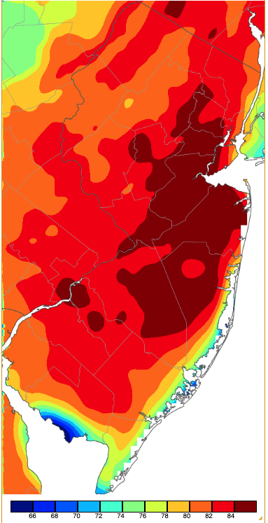 Maximum temperatures on April 14th based on a PRISM (Oregon State University) analysis generated using NWS, NJWxNet, and other professional weather stations.