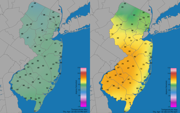 Daily min/max temperatures on April 18th