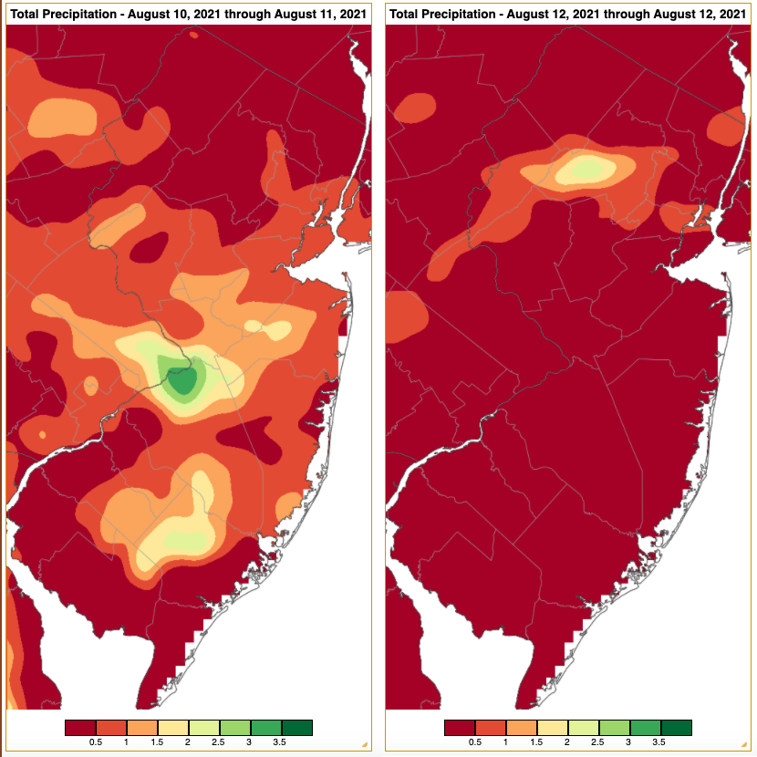 Rainfall from approximately 7 AM on August 9th to 7 AM on August 11th (left) and from approximately 7 AM on August 11th to 7 AM on August 12th (right) based on an analysis generated using NWS Cooperative and CoCoRaHS observations