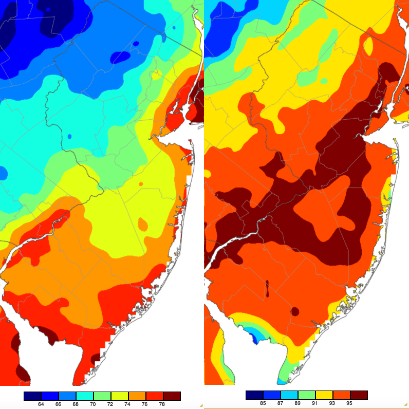 Minimum and maximum temperatures on August 13th based on an analysis generated using NWS, NJWxNet, and other professional weather stations