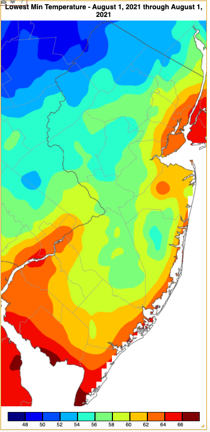 Minimum temperatures on August 1st based on an analysis generated using NWS, NJWxNet, and other professional weather stations