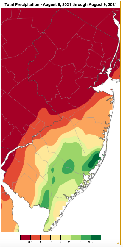 Rainfall from approximately 7 AM on August 7th to 7 AM on August 9th based on an analysis generated using NWS Cooperative and CoCoRaHS observations