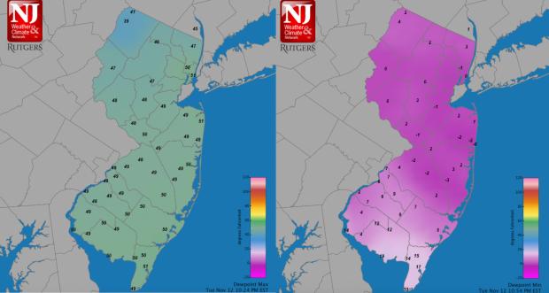 Daily maximum and minimum dewpoint map, November 12th