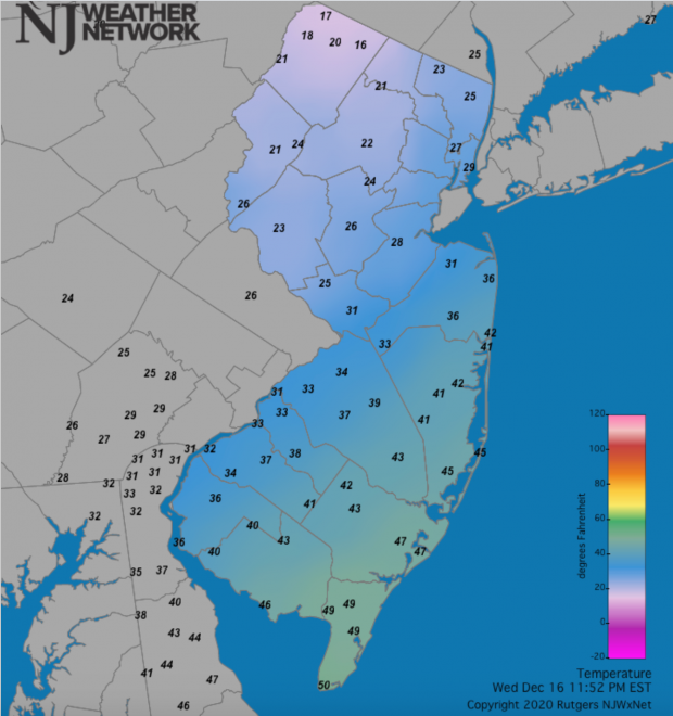 NJ temperature map at 11:52 PM on December 16th