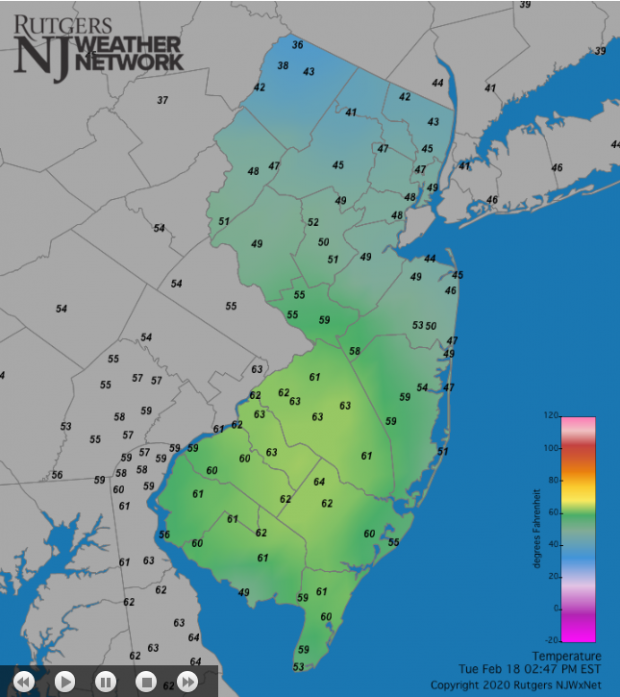 Temperatures across NJ and surrounding states at 2:45PM on February 18th