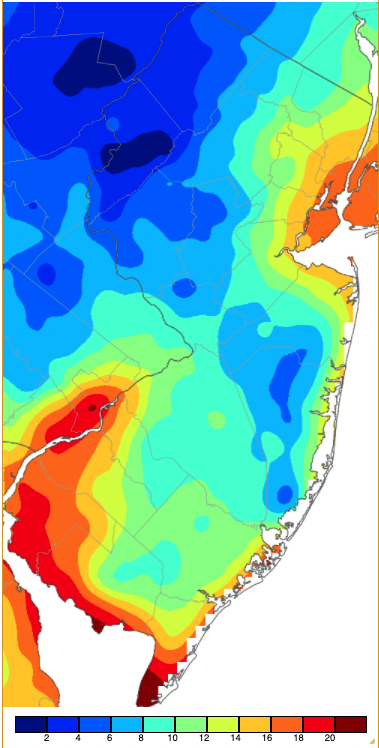 Minimum temperatures on February 15th based on a PRISM (Oregon State University) analysis generated using NWS, NJWxNet, and other professional weather stations.