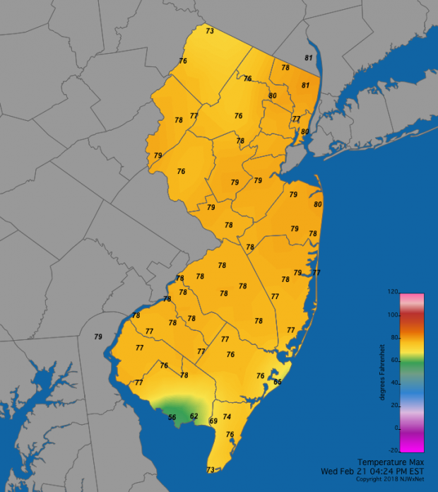 Feb 21 high temperature map