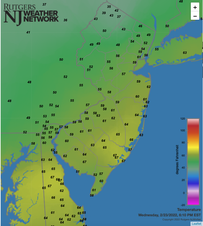 Temperatures across NJ and nearby states at 6:10 PM on February 23rd. Observations are from NJWxNet, National Weather Service, and Delaware Environmental Observing System stations.