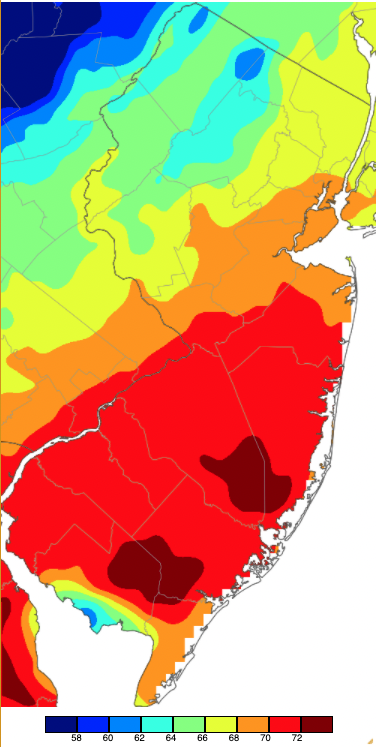 Maximum temperatures on February 23rd based on a PRISM (Oregon State University) analysis generated using NWS, NJWxNet, and other professional weather stations.