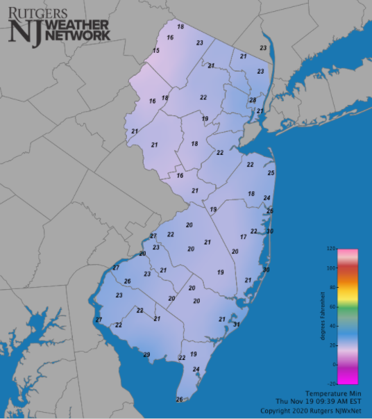 Daily minimum temperature map on November 9th