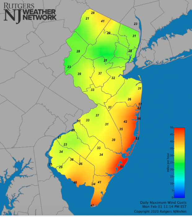 Maximum wind gusts on February 1st