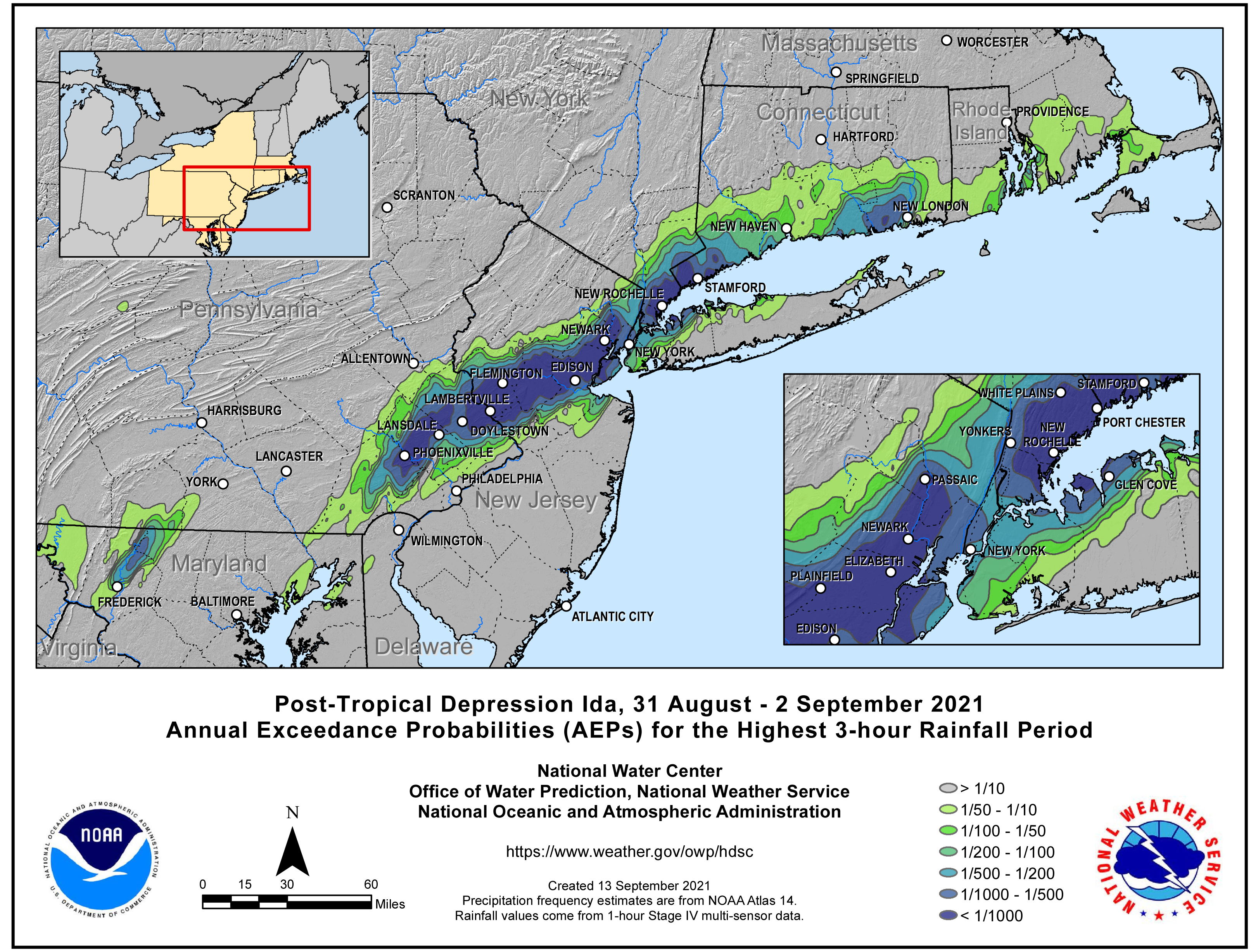 Annual exceedance probabilities (the same as ARI, except showing the probability of such an event occurring in a given year) for the highest three-hour rainfall interval as mapped by the National Weather Service.