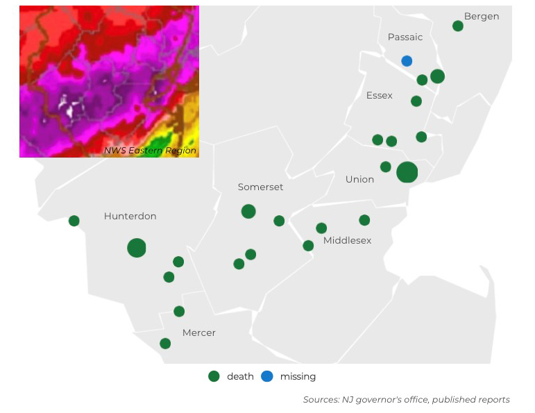 Map showing the location where one or more individuals perished or where missing were last seen, stemming from Ida flooding (source: NJ Spotlight, 9/13/21).