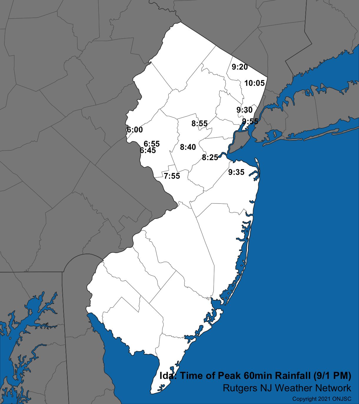 Time of the end of the heaviest hourly rainfall total at NJWxNet stations that received at least 1.50” in an hour.