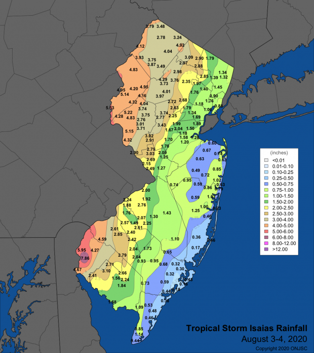 Rainfall map from Tropical Storm Isaias on August 3rd to 4th