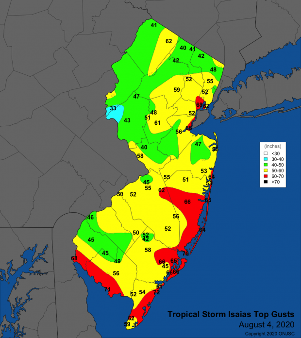 Top wind gust map for Tropical Storm Isaias