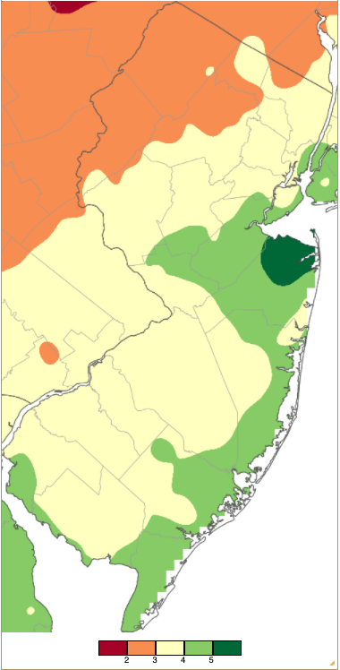 January 2022 precipitation across New Jersey based on a PRISM (Oregon State University) analysis generated using NWS Cooperative and CoCoRaHS observations from 7AM on December 31, 2021, to 7AM on January 31st.