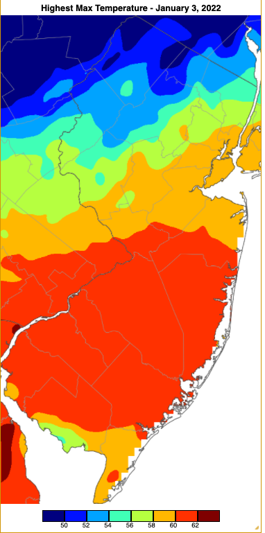 Maximum temperatures on January 2nd based on a PRISM (Oregon State University) analysis generated using NWS, NJWxNet, and other professional weather stations.