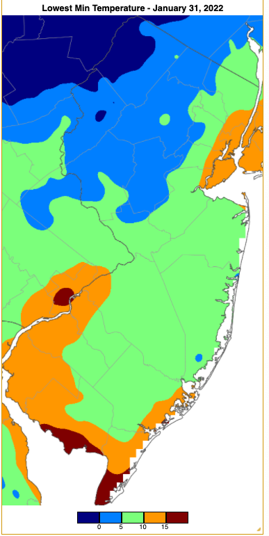 Minimum temperatures on January 31st based on a PRISM (Oregon State University) analysis generated using NWS, NJWxNet, and other professional weather stations