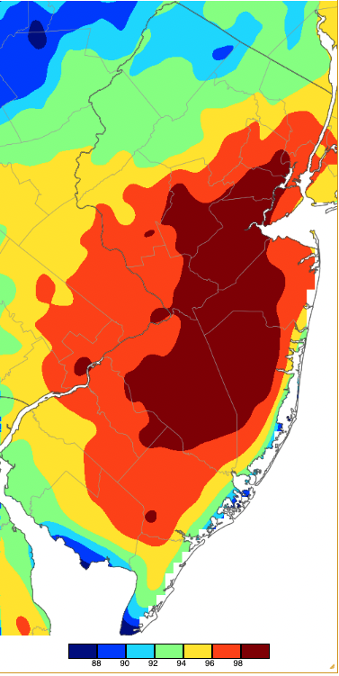 Maximum temperatures on July 24th based on a PRISM (Oregon State University) analysis generated using NWS, NJWxNet, and other professional weather stations.