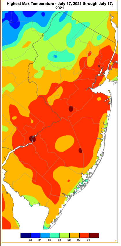 Maximum temperatures on July 17th based on an analysis generated using NWS, NJWxNet, and other professional weather stations