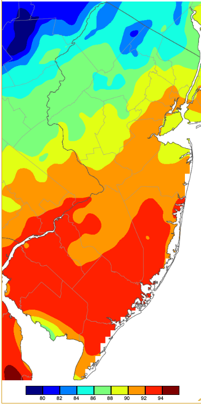 Maximum temperatures on June 17th based on a PRISM (Oregon State University) analysis generated using NWS, NJWxNet, and other professional weather stations.