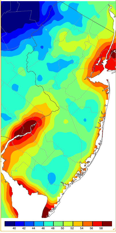 Minimum temperatures on June 20th based on a PRISM (Oregon State University) analysis generated using NWS, NJWxNet, and other professional weather stations.