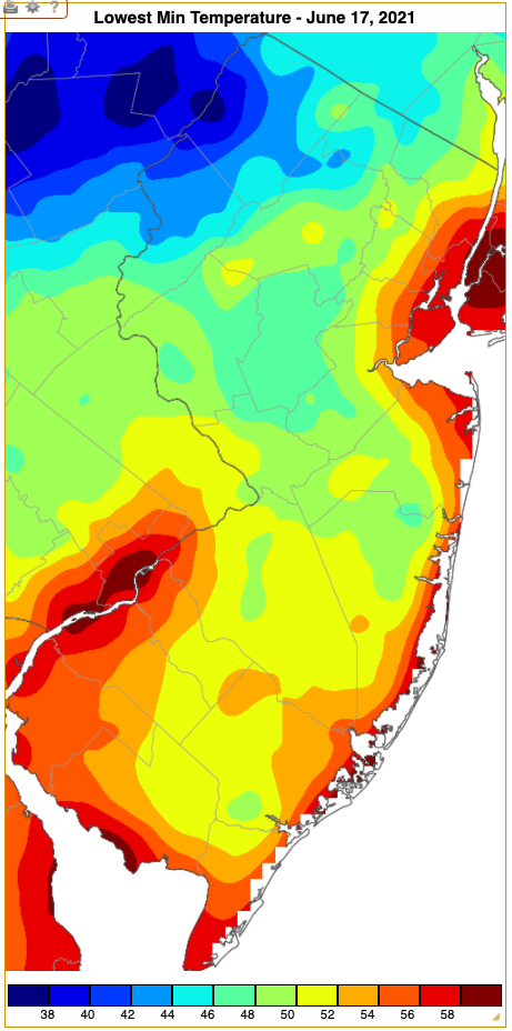 Minimum temperatures on June 17th based on an analysis generated using NWS, NJWxNet, and other professional weather stations