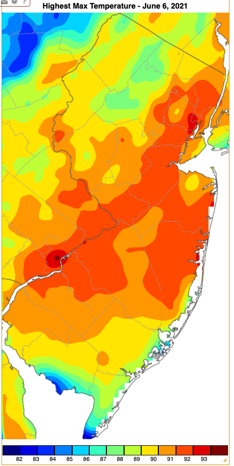 Maximum temperatures on June 5th based on an analysis generated using NWS, NJWxNet, and other professional weather stations