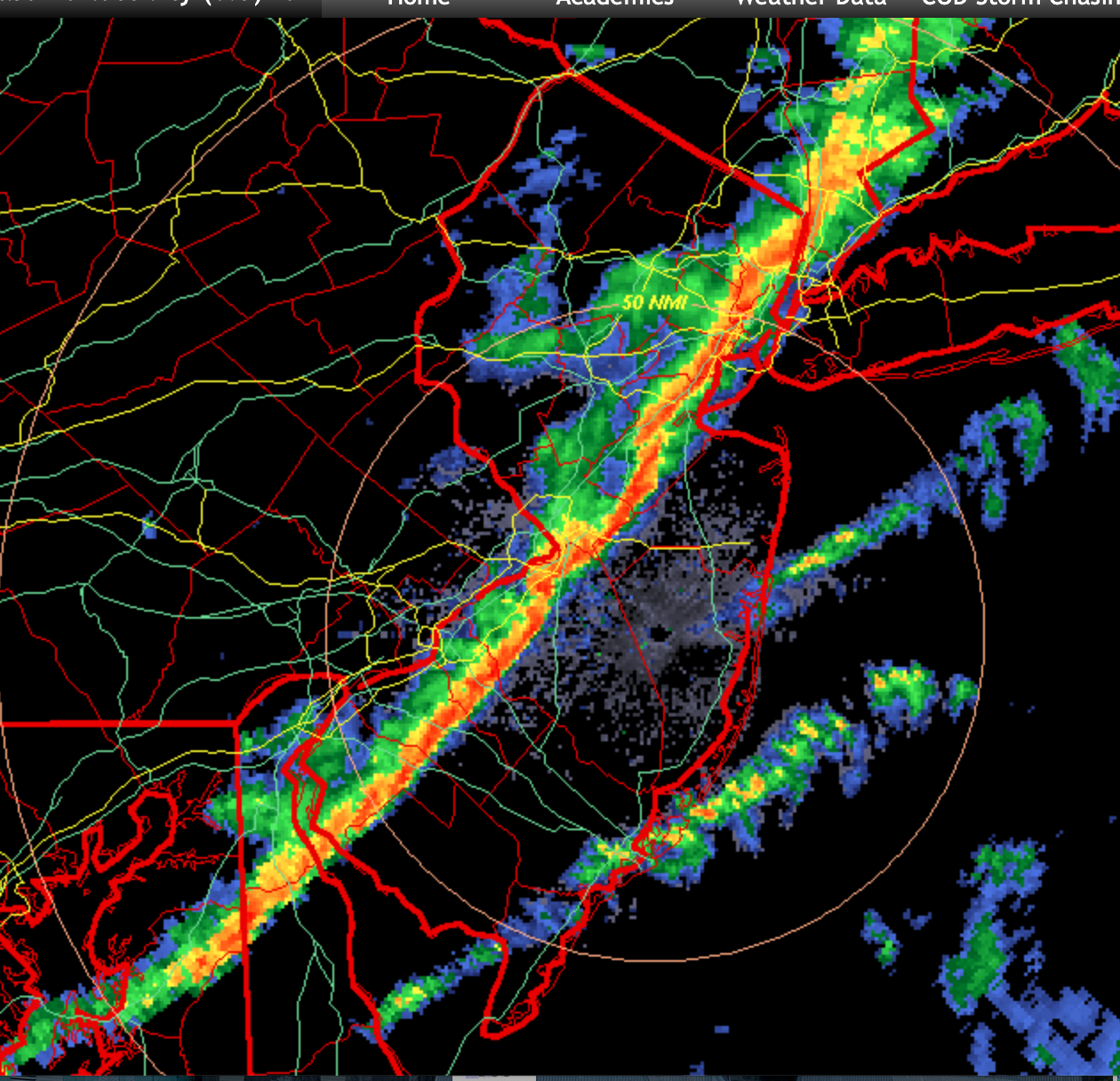 Radar image showing a squall line moving across the state at 6:24 AM on February 18th. Courtesy of the College of DuPage.